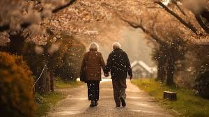 An elderly couple walking hand in hand along a peaceful, tree-lined path, representing timeless love, serenity, and the beauty of aging gracefully.